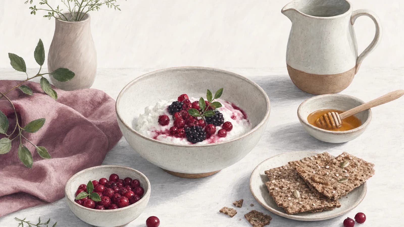 Ett lugnt uppdukat nordiskt köksbord med enkla, näringsrika rätter i mjukt morgonljus.